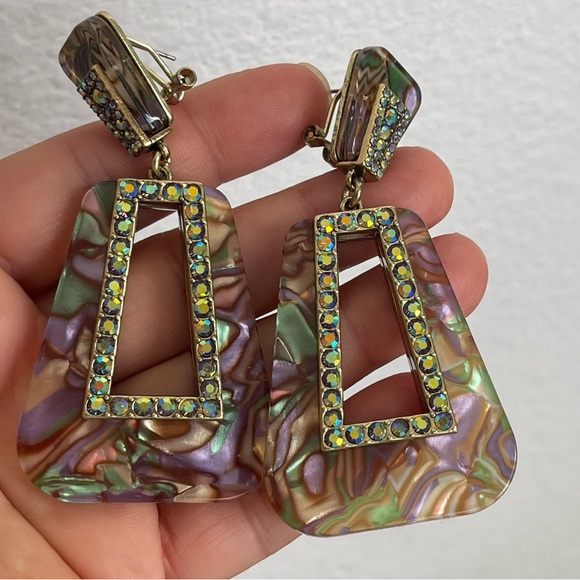 Heidi Daus abalone shell print plastic, Swarovski crystal pierced earrings